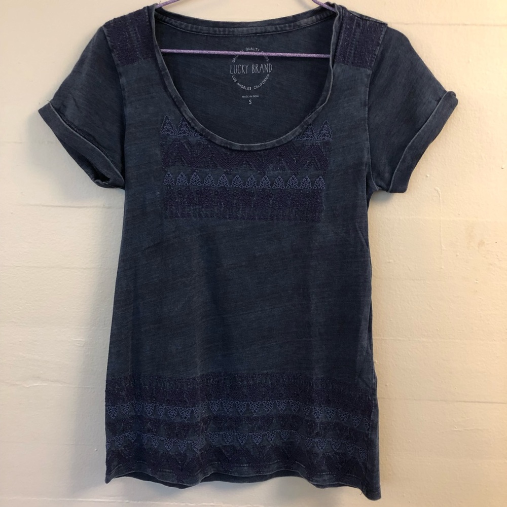 Lucky Brand navy blue embroidered top